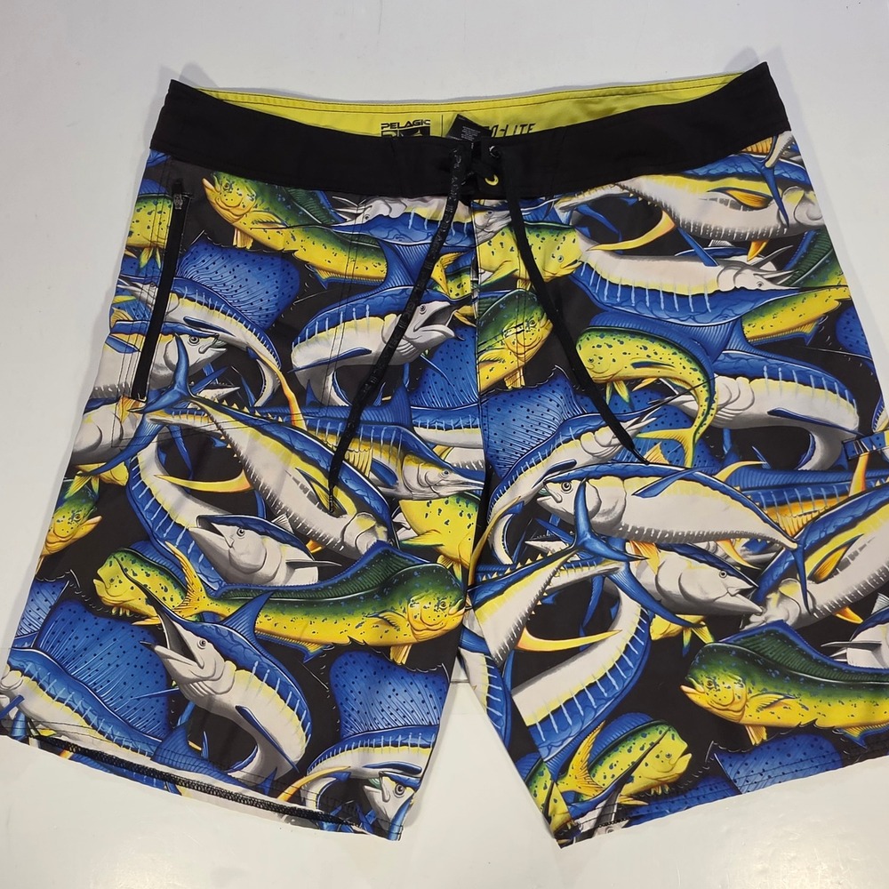 Pelagic Hydro-Lite Board Shorts Mens 40 Blue Yellow Fish Print Fishing Trunks